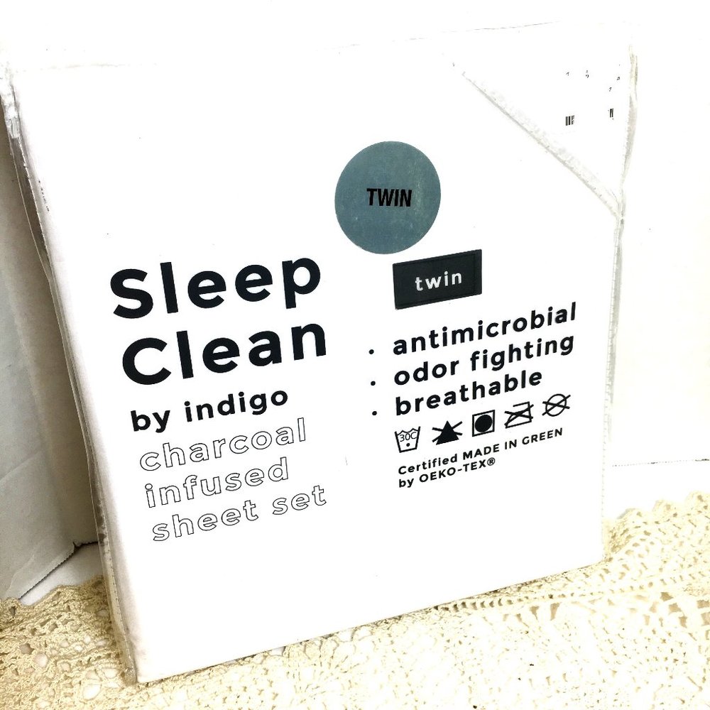 Indigo 3 pc Sheet Set Sleep Clean Twin White Charcoal Infused NWOT